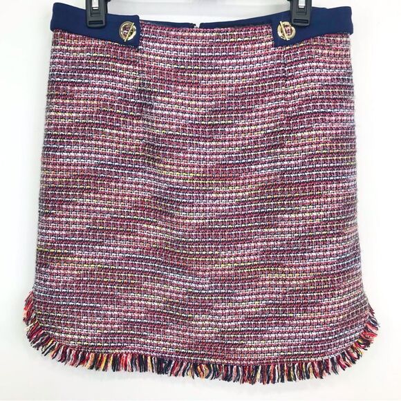 Laundry by Shelli Segal Navy Blue Colorful Woven Tweed Fringe Hem Mini Skirt - Picture 3 of 16